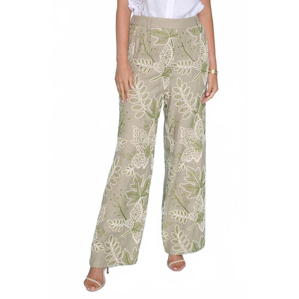 NEW PICADILLY embroidered wide leg length pant in khaki green multi